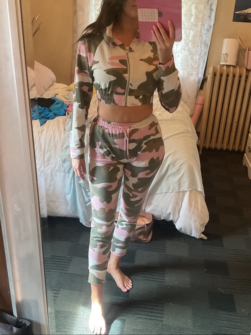 Fashion Nova Pink & Olive Camo Cropped Zip Jacket with Joggers